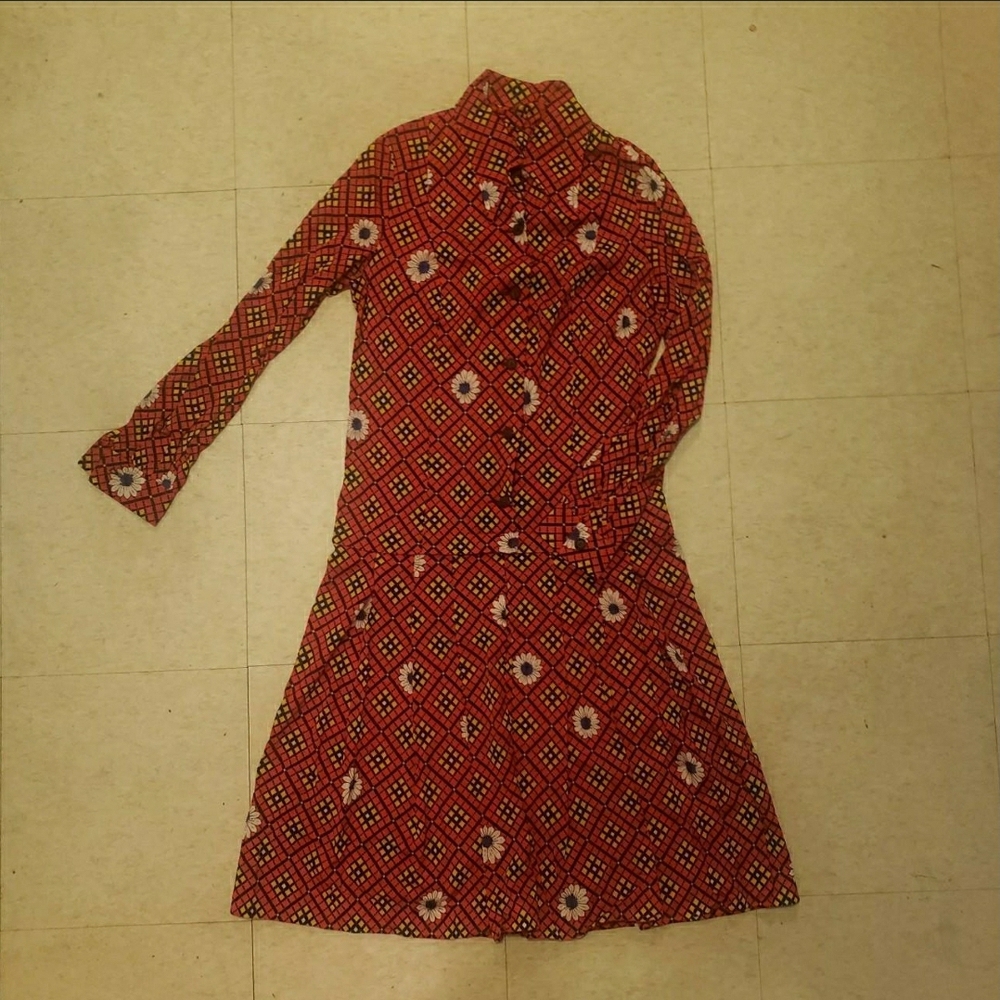 vintage 1970s drop waist patterned dress